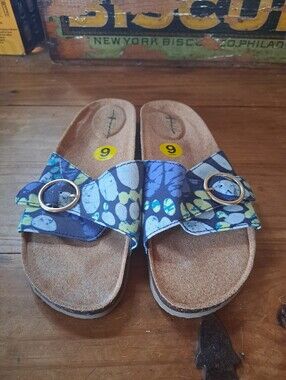 Aerie Buckle Slide Sandals Women's Size 9 Blue Floral Design Cork Footbed